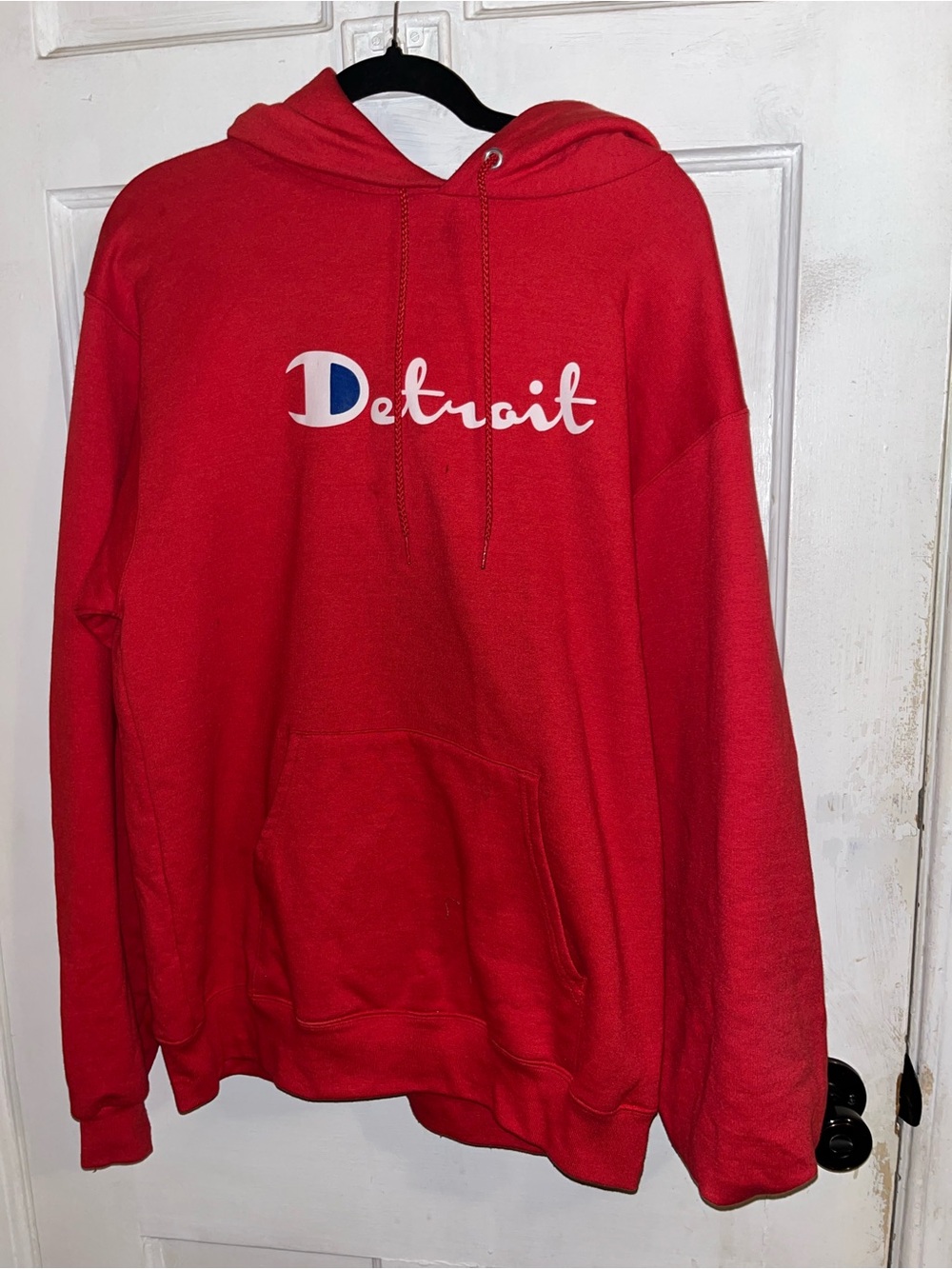 Champion Red Hoodie with White and Blue Detroit Script